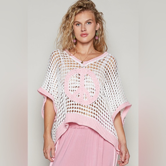 #207 2left! POL Pink and White Crochet Peace Sign Top - Picture 2 of 4